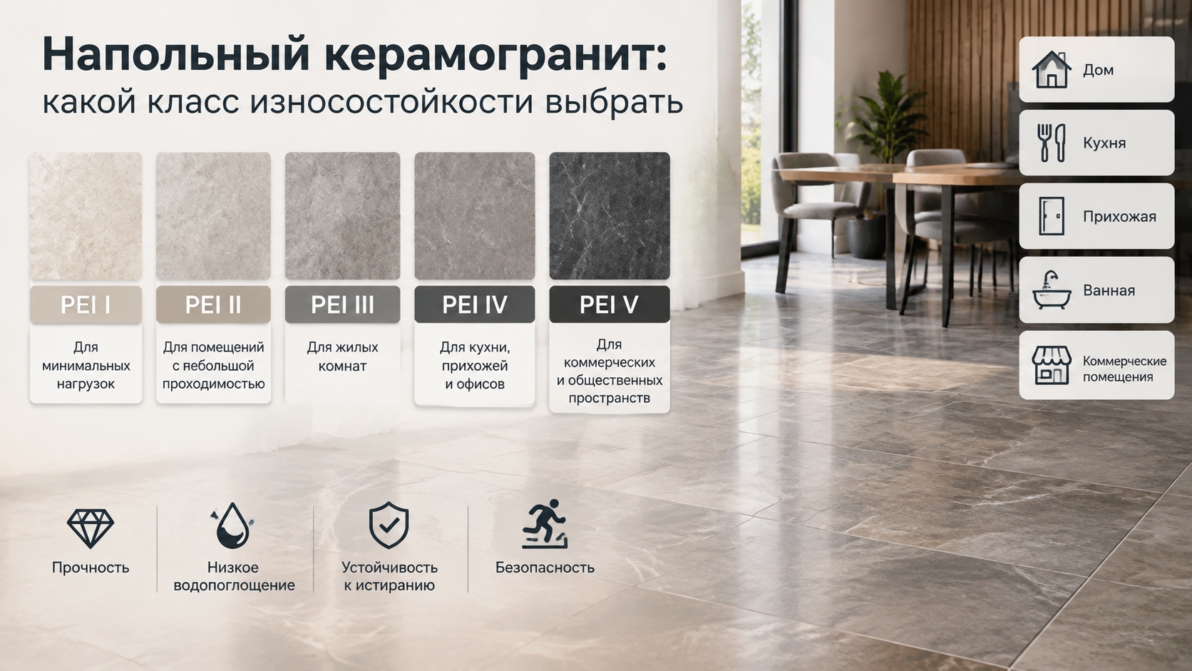 Напольный керамогранит: какой класс износостойкости выбрать для разных помещений